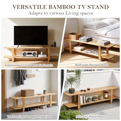 Tiita Bamboo TV Stand for 55 Inch TV, Entertainment Center with 2 Open Shelf, Mid Century Modern Media Console for Living Room, Bedroom, Wood - color: Wood