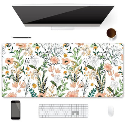 XXL Waterproof Office Desk Pad Protector 35.4x15.7 Inch - Extended Gaming Mouse Pad with Non-Slip Rubber Base, Thickened Keyboard Mat, Stitched Edges & Floral Flowers Design - color: Red