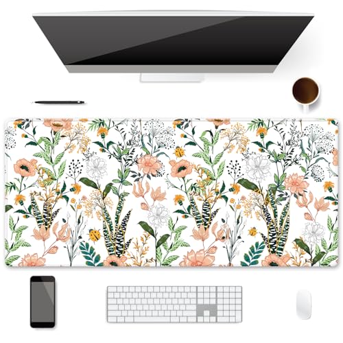 XXL Waterproof Office Desk Pad Protector 35.4x15.7 Inch - Extended Gaming Mouse Pad with Non-Slip Rubber Base, Thickened Keyboard Mat, Stitched Edges & Floral Flowers Design - color: Red
