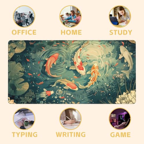 Koi Lotus Pond Desk Mat Large Mouse Pad Gaming Mousepad 31.5 x 15.8 in | Desk Pad for Keyboard and Mouse, Large Non-Slip Rubber Base Mousepad Desk Mat with Stitched Edges for Gaming Office - color: Japanese Koi