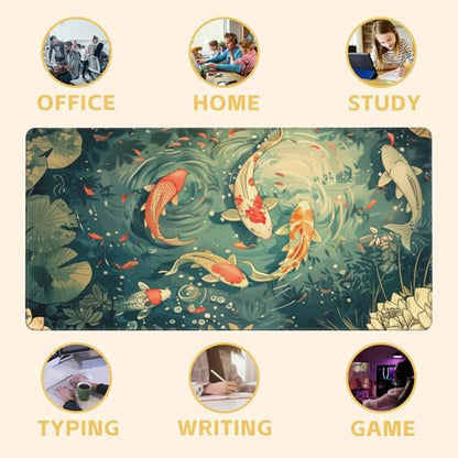 Koi Lotus Pond Desk Mat Large Mouse Pad Gaming Mousepad 31.5 x 15.8 in | Desk Pad for Keyboard and Mouse, Large Non-Slip Rubber Base Mousepad Desk Mat with Stitched Edges for Gaming Office - color: Japanese Koi