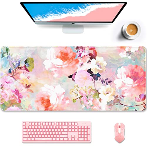 Auhoahsil Desk Pad, XXL Large Mouse Extended Gaming Mousepad, Cute Mat for Women, Big Office Accessories Pad Computer Keyboard and Laptop, 35.5 x 15.7 Inch, Pretty Pink Flowers, Girly Flowers - color: 02 Pink Flowers, size: XXL - Extended size 35.6”x15.8”