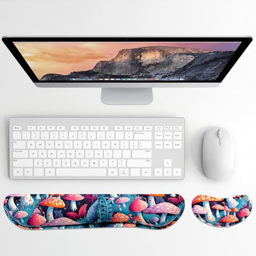 Dapesuom Enlarge Keyboard Wrist Rest, Memory Foam Wrist Cushion for Desk Mats Support, Boho Typing Pain Relief Keyboard Mouse Pad Rests Set with Non-Slip Base for Gaming Laptop Computer, Mushrooms - color: Magical Mushrooms