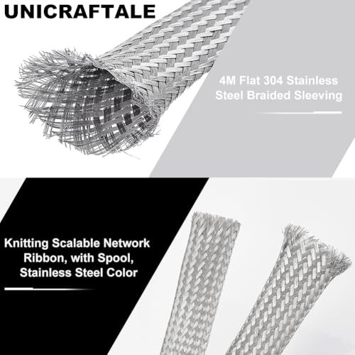 UNICRAFTALE 0.59" Wide Stainless Steel Braided Sleeving Braid 13.12 Feet Cable Wire Shielding Sleeve Ground Straps Protection Metal Mesh Flexible Expandable Scalable Ribbon Wire for Protect Cable - size: 4m x 15mm