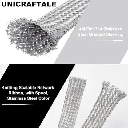 UNICRAFTALE 0.59" Wide Stainless Steel Braided Sleeving Braid 13.12 Feet Cable Wire Shielding Sleeve Ground Straps Protection Metal Mesh Flexible Expandable Scalable Ribbon Wire for Protect Cable - size: 4m x 15mm
