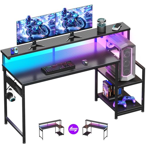 AODK 55 Inch Gaming Desk with LED Lights, Computer Desk with Storage Shelves, Reversible Desk with Monitor Stand, Carbon Fiber Black - color: Carbon Fiber Black, size: 55 Inch