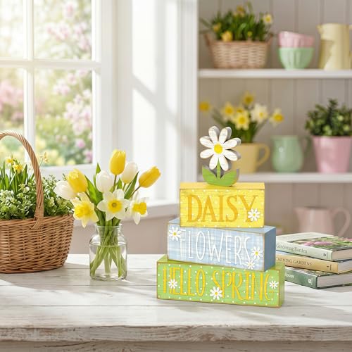 4Pcs Daisy Flower Hello Spring Wooden Stack Signs Rustic Farmhouse Tiered Tray Decor Yellow Blue Floral Wooden Table Decor for Spring Home Kitchen Office Gift - style: Hello Spring Daisies
