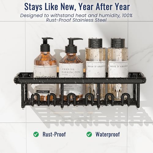 8 Pack Adhesive Rustproof Shower Caddy with Soap Dishes, Toothbrush Holder & Hooks, Large Capacity No-Drilling Shower Shelves Rack for Bathroom Organizers and Storage Accessories, Black - color: Black