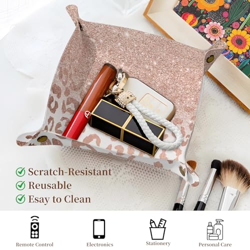 PU Leather Jewelry Valet Tray, Portable Catchall Tray for Keys, Wallet, Watch,Travel Jewelry Tray Organizer for Nightstand Desk Entryway Home Decor Gift for Women Men Pink Leopard Print - color: Pink Leopard Print