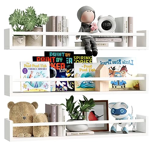 Fixwal Nursery Book Shelves, 23.6 Inch Floating Bookshelf for Wall, Set of 3, Nursery Decor, Solid Wood Wall Mounted Shelves for Books, Toys and Decor Storage (White) - color: White, size: 23.6inches