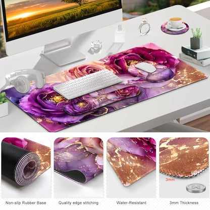 Gaming Mouse Pad, Large Desk Mat, Cute Desk Pad Protector, 4in1 XXL Mousepad + Keyboard Wrist Rest+Mouse Wrist Rest+Coaster Set with Ergonomic Desk Pad for Home Office PC, Marble Rose Purple Flowers - color: Marble Rose Purple Flowers