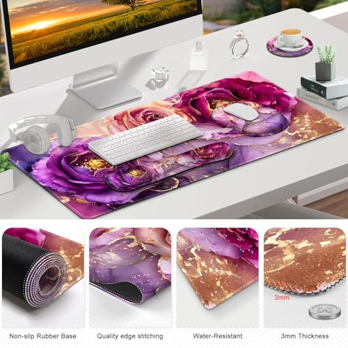 Gaming Mouse Pad, Large Desk Mat, Cute Desk Pad Protector, 4in1 XXL Mousepad + Keyboard Wrist Rest+Mouse Wrist Rest+Coaster Set with Ergonomic Desk Pad for Home Office PC, Marble Rose Purple Flowers - color: Marble Rose Purple Flowers