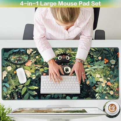 Mouse Pad Anime, Mouse Pad with Wrist Rest, 4-in-1 XXL Large Desk Mat Kawaii Mousepad with Gel Wrist Support Keyboard Wrists Rest Coaster, Ergonomic Gaming Cat Desk Pad, Funny Cute Office Accessories - color: Curious Cat