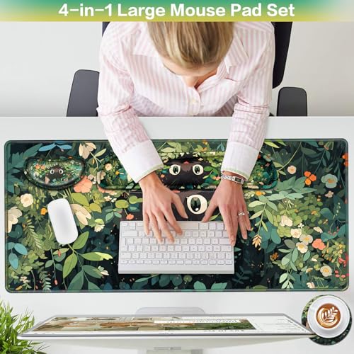 Mouse Pad Anime, Mouse Pad with Wrist Rest, 4-in-1 XXL Large Desk Mat Kawaii Mousepad with Gel Wrist Support Keyboard Wrists Rest Coaster, Ergonomic Gaming Cat Desk Pad, Funny Cute Office Accessories - color: Curious Cat