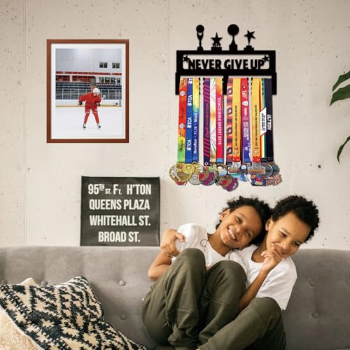Resama Medal Hanger Holder Display Wall Rack Frame Shelf-Medal Hanger Awards Ribbon Soccer,Gymnastics,Holder Display Rack for 60 Medals - color: Never Give Up