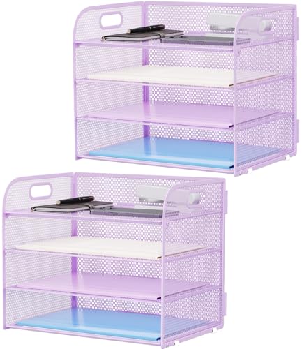 Marbrasse 2 Pack 4 Tier Paper Organizer Letter Tray - Mesh Desk File Organizer with Handle, Paper Sorter Organizer for Letter/A4 Office File Folder Holder (Purple, 12.6" x 9.1" x 10.7") - color: Purple-2p