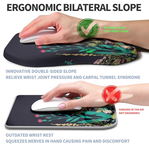 Ergonomic Raised Mouse Pad Wrist Support with Bilateral Slope Memory Foam Mousepad for Wrist Rest and Carpal Tunnel Pain Relief 11.8x7.9〃Midnight Flowers - color: Midnight Flowers