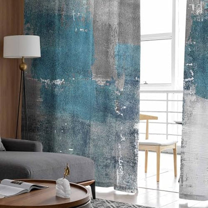 Turquoise Blue Grey Sheer Curtains 63 Inch Length 2 Panels Set for Living Room/Bedroom, Teal Abstract Art Painting Semi Curtain Sheers Drapes Rod Pocket Curtains Window Treatment Set - color: Abstract Painting, size: 52"W x 63"L (Pack of 2)