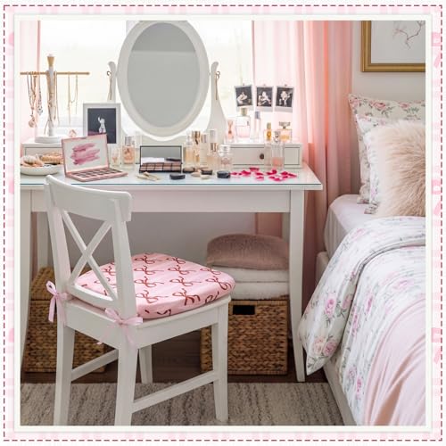 6 Pack Pink Bow Chair Cushions for Dining Chairs 17" x 16" x 2" D-Shaped Breathable Linen Kitchen Chair Pads with Ties Washable Non Slip Seat Cushion for Dining Kitchen Office Indoor - style: Bow
