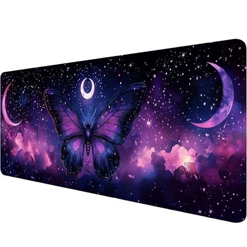 Butterfly Desk Mat Gaming Mouse Pad 31.5 x 11.8 Inch Star Moon Purple Pink Dreamy Mousepad Extended Large Laptop Keyboard Non-Slip Rubber Base with Stitched Edges for Home - color: Butterfly, size: 11.8W x 31.5L inches