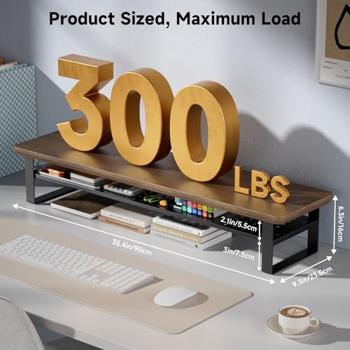 Dual Monitor Stand, 35.4 Inch Monitor Stand Riser for 2 Monitors, 2 Tiers Wood Desk Shelf with Storage, Desktop Organizer Stand for Computer, Laptop, Printer, TV - color: Black Walnut, size: 35.4in