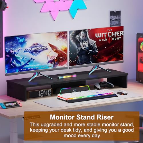 Qupui Dual Monitor Stand Riser, Large Computer Monitor Stand for Desk, Monitor Riser for 2 Monitors, Wood Desk Shelf for Top of Desk, Desktop Organizer for Computer, Laptop, Printer, TV - color: 35.8" Black