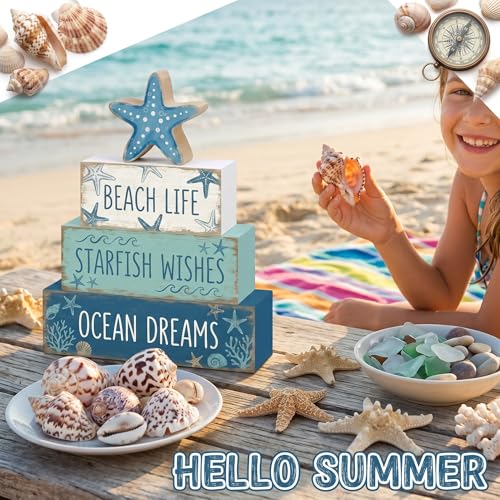 4 Pcs Summer Starfish Bathroom Table Decor Ocean Beach Tiered Tray Decor Blue Coastal Wooden Signs Shelf Sitter Sea Wishes Table Centerpieces for Home Kitchen Office Decorations - style: Starfish