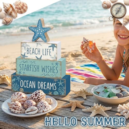 4 Pcs Summer Starfish Bathroom Table Decor Ocean Beach Tiered Tray Decor Blue Coastal Wooden Signs Shelf Sitter Sea Wishes Table Centerpieces for Home Kitchen Office Decorations - style: Starfish