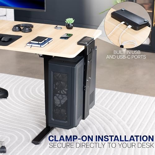 VIVO Adjustable Clamp-On Desk and Wall Installation Gaming PC Mount, USB Ports, Large Computer Case CPU Holder with Swivel Action and Secure Locking, Holds 44 lbs, Black, MOUNT-PCC2L