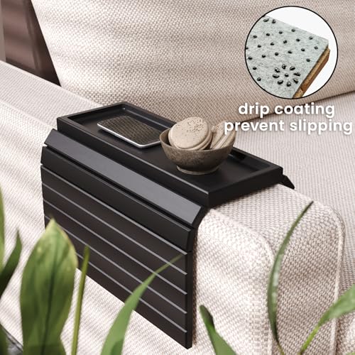2 Pack Sofa Arm Tray, Bamboo Folding Couch Armrest Tray with Anti-Slip Pad for Drinks, Snacks, Phone, Remote Control (Black) - color: Black