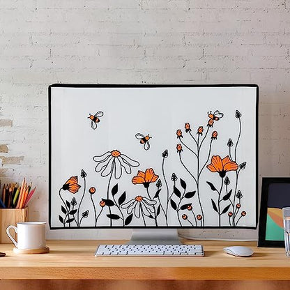 kwmobile Computer Monitor Cover Compatible with 20-22" monitor - Bees and Flowers Black/Orange/White