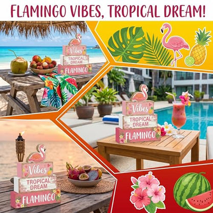 4 Pcs Summer Flamingo Room Table Decor Pink Flamingo Wooden Tiered Tray Decor Set Pink Tropical Summer Party Wooden Signs Shelf Sitter Pool Beach Theme Table Centerpieces for Home Decorations - style: Flamingo