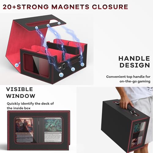 Commander Deck Box for MTG Fits 400+ Double-Sleeved Card Storage, 4 IN 1 Removable Card Case with Multi-purpose Deck Case, Display Window for TCG/PTCG/EDH, 4 Magnetic One Touch Holders(Black Red) - color: Black Red