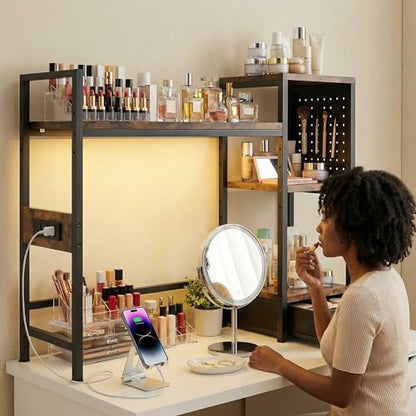DreamDashio Desk Hutch with Shelves & Outlets, Desktop Bookshelf Organizer with RGB Lights, Storage Drawer & Pegboard, Anti‑Tip Strap for Gaming/Office/Dorm
