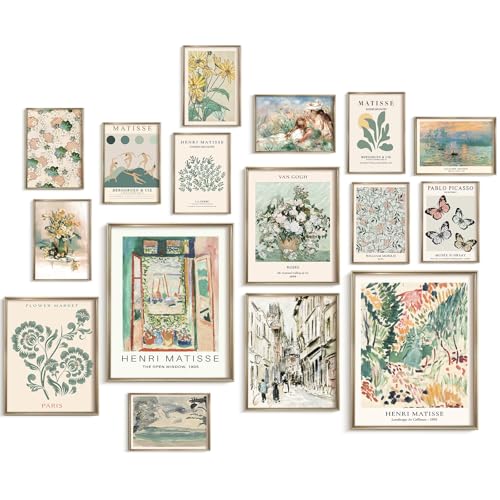 Vodefoad Vintage 16Pcs Sage Green Gallery Wall Art Prints Abstract Posters for Room Aesthetic Henri Matisse wall Prints for Gallery Living Room Wall Collage Set Pictures Eclectic Boho Vintage Dorm Bedroom Home Decor French Country Botanical Paintings for