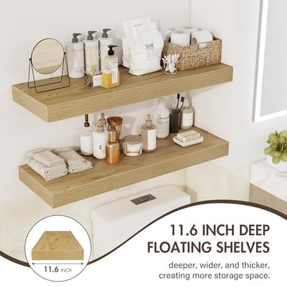 Acovy 72 Inch Floating Shelves, 12" Deep Floating Shelf Wall Mounted, 72" Wall Shelves, Rustic Deep Bookshelf, Extra Deeper & Thicker Display Shelves for Bedroom, Living Room, Oak, Set of 1 - color: Oak, size: 12"Wx72"L-1pc
