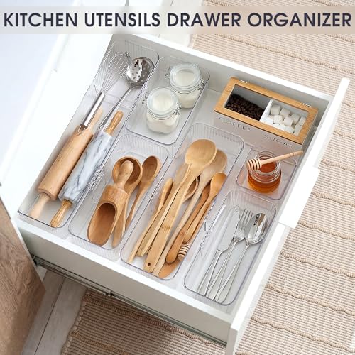 Aneco 14 Pieces Extendable Clear Drawer Organizer Adjustable Vanity Storage Box 4-Size Desk Drawer Divider Acrylic Storage Bins for Makeup, Cosmetic, Jewelries, Bedroom Kitchen Utensils Gadgets