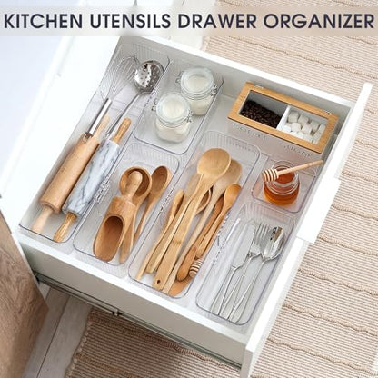Aneco 14 Pieces Extendable Clear Drawer Organizer Adjustable Vanity Storage Box 4-Size Desk Drawer Divider Acrylic Storage Bins for Makeup, Cosmetic, Jewelries, Bedroom Kitchen Utensils Gadgets