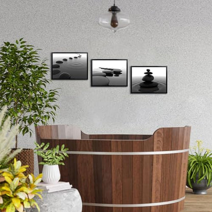 iKNOW FOTO 3pcs Black and White Zen Wall Art Stones in Water Canvas Prints with Black Frame for Bathroom Yoga Meditation Spa Living Room Bedroom Wall Decor Framed Ready to Hang 12x16 Inches