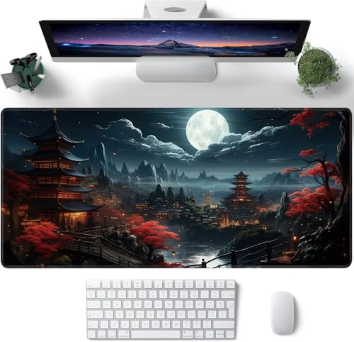 Japanese Full Moon Large Mouse Pad,Gaming Keyboard Desk Pad,Extended Mouse Mat Non-Slip Rubber Base with Stitched Edges for Office Game Home XXL 35.4"x15.7" - color: Japanese Moon, size: 35.4L x 15.7W inches