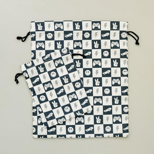 Gather & Knot Drawstring Gift Bags | 20" Large 12" Small | Premium Canvas | Reusable Fabric Wrap for Boy Birthday | Happy Smiley Face | Skateboard - color: Skateboard