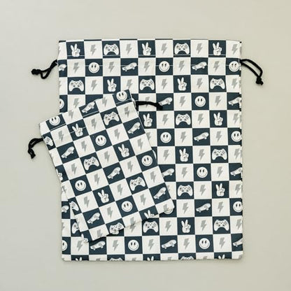 Gather & Knot Drawstring Gift Bags | 20" Large 12" Small | Premium Canvas | Reusable Fabric Wrap for Boy Birthday | Happy Smiley Face | Skateboard - color: Skateboard
