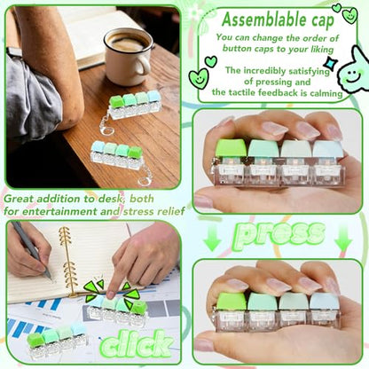 2 PCS 4-in-1 Keyboard Fidget Toy Keychain, Finger Clicky Button Toy Stress Relief Keychain with Swappable Keycaps, Mini Mechanical Key Fidget for Office Desk Focus Gifts (Mix Green) - color: Mix Green
