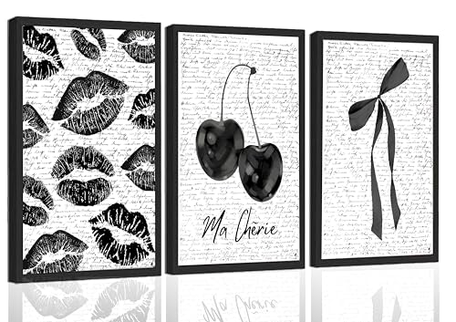 ZLSYQALW 3Pcs Fashion Black White Lips And Cherry Canvas Wall Art | Vintage Girl Funky Aesthetic Bow Wall Decor Ma Cherie Prints for Neutral Preppy Apartment Girl Room16x24in Unframed - color: poster, size: 16x24inx3pcs