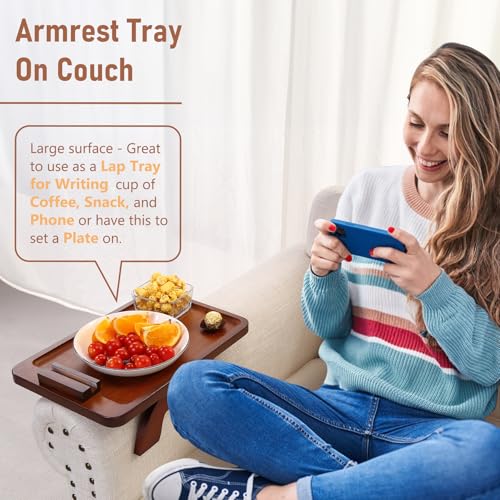 SINWANT Couch Arm Tray with 360° Rotating Phone Holder,Bamboo 15.35"x9.85" Folding Wide Sofa Arm Tray,Anti Slip Clip on Side Table Couch Armrest for Snacks,Drinks,Remotes - color: Walnut