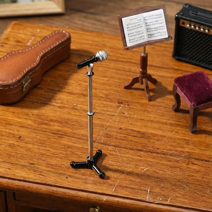 Miniature Dollhouse Accessories 1:12 Scale Miniature Scene Microphone with Stand Black Dollhouse Furniture DéCor Doll's Microphone