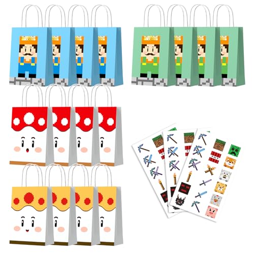 Magpixel Gift Bags with Handle: 16PCS Video Game Party Favor Bags, 54PCS Pixel Temporary Tattoos, Cartoon Paper Goodie Bags for Kids Birthday Christmas Holiday Decoration Classroom Treats