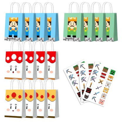 Magpixel Gift Bags with Handle: 16PCS Video Game Party Favor Bags, 54PCS Pixel Temporary Tattoos, Cartoon Paper Goodie Bags for Kids Birthday Christmas Holiday Decoration Classroom Treats