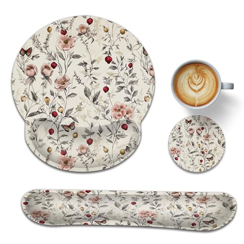 Vintage Flowers Keyboard Wrist Rest Pad Ergonomic Mouse Pad Set,Butterfly 3 in 1 Memory Foam Mouse Pad with Non Slip Base for Office and Home - color: Vintage Flowers Butterfly