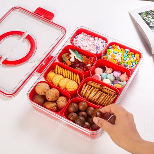 Dingerjar Divided Serving Tray with Lid and Handle - Snackle Box Charcuterie Container for Portable Snack Platters Organizer for Candy, Fruits, Nuts, Snacks - Perfect for Party, Entertaining, Red - color: Red